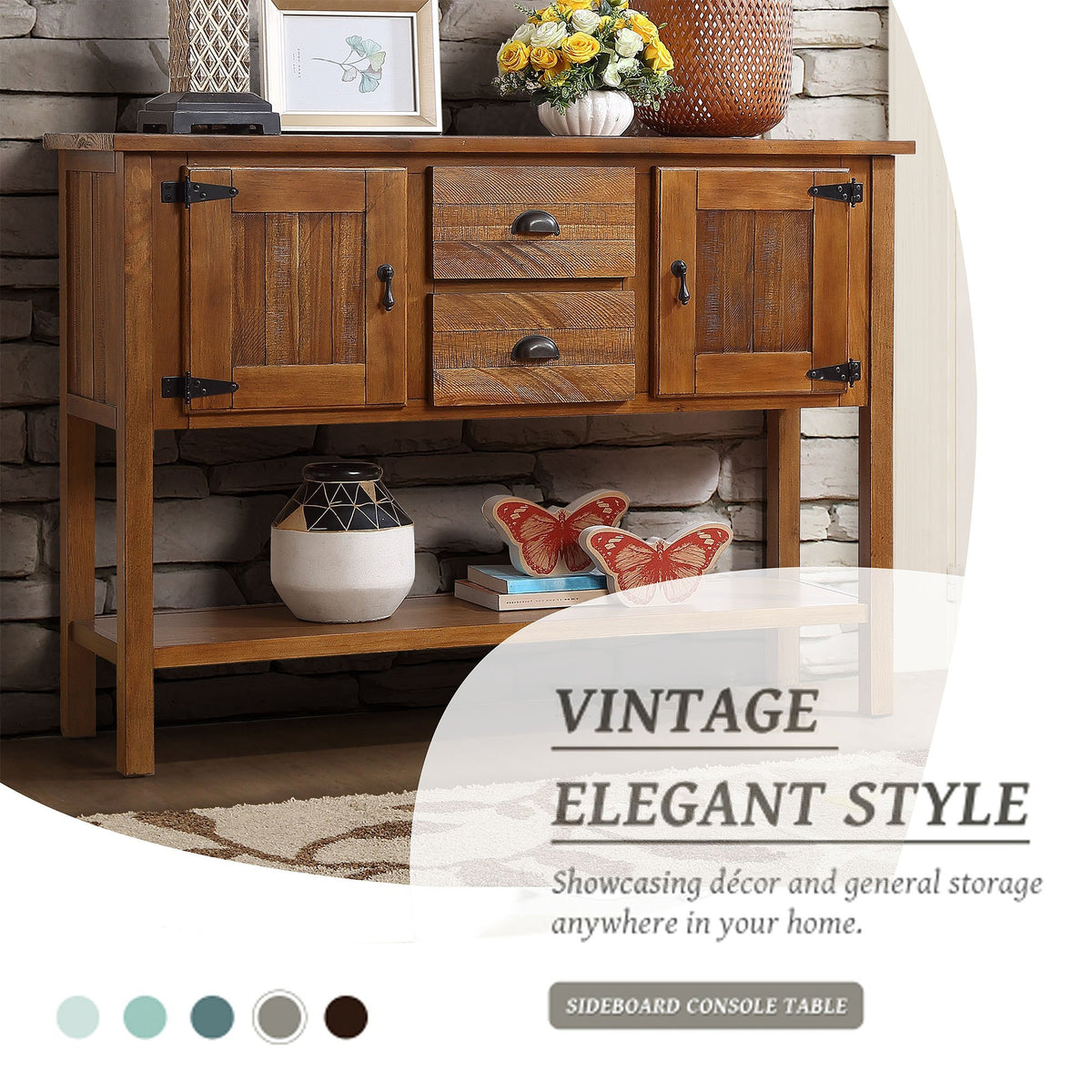 46'' Solid Wood Sideboard Console Table with 2 Drawers and Cabinets and Bottom Shelf, Retro Style Storage Dining Buffet Server Cabinet - Brown