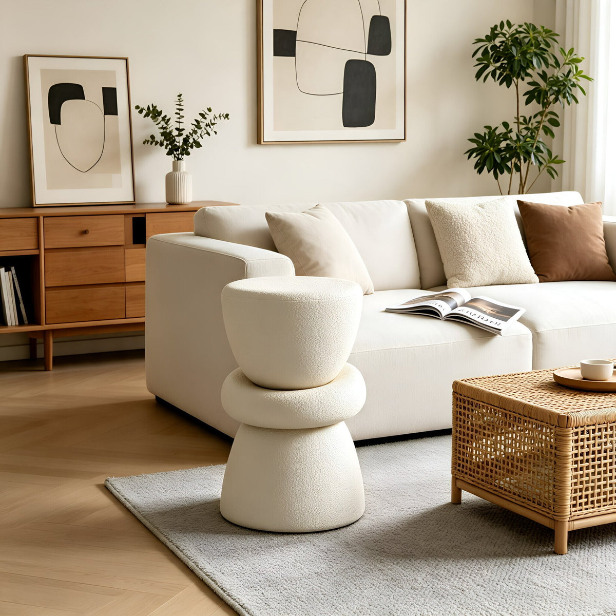 16.14''×13.78''×21.65'' Stacked Organic Sculptural Side Table, Cream Textured Round Fiberglass Accent End Table for Living Room Sofa Corner, No Assembly Required.