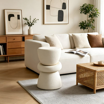 16.14''×13.78''×21.65'' Stacked Organic Sculptural Side Table, Cream Textured Round Fiberglass Accent End Table for Living Room Sofa Corner, No Assembly Required.
