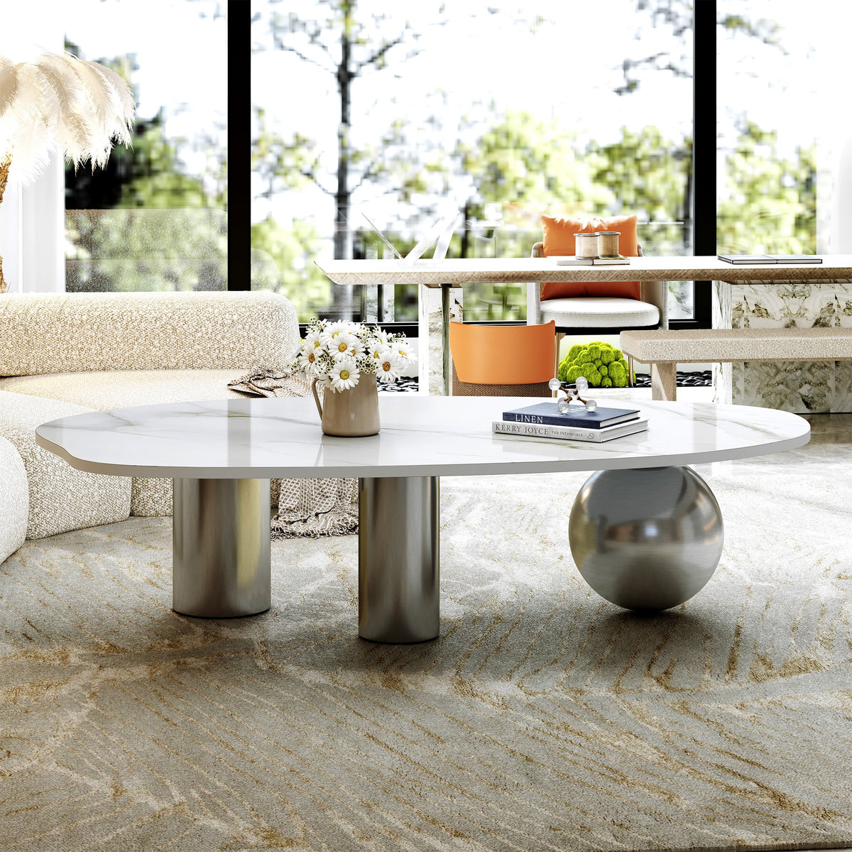 49.2" Free Form Faux Marble Coffee Table, Modern Minimalist Living Room Center Table with Stainless Steel Sphere & Cylinder Legs