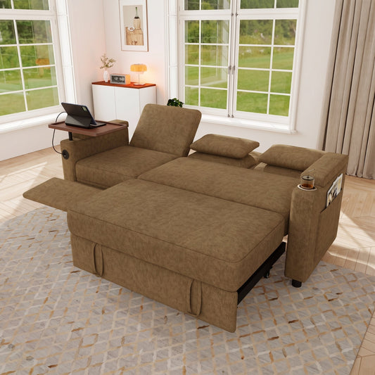 81-inch 3-in-1 foldable three-person sofa bed with a table board and USB ports, armrests with storage function. High-quality chenille three-person sofa. The sofa bed features adjustable backrest and p