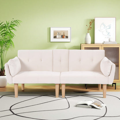 72 Inch Foldable Beige Double Sofa, Soft Velvet Upholstery, Comfortable Leisure 2‑Person Couch for Living Room Apartment.