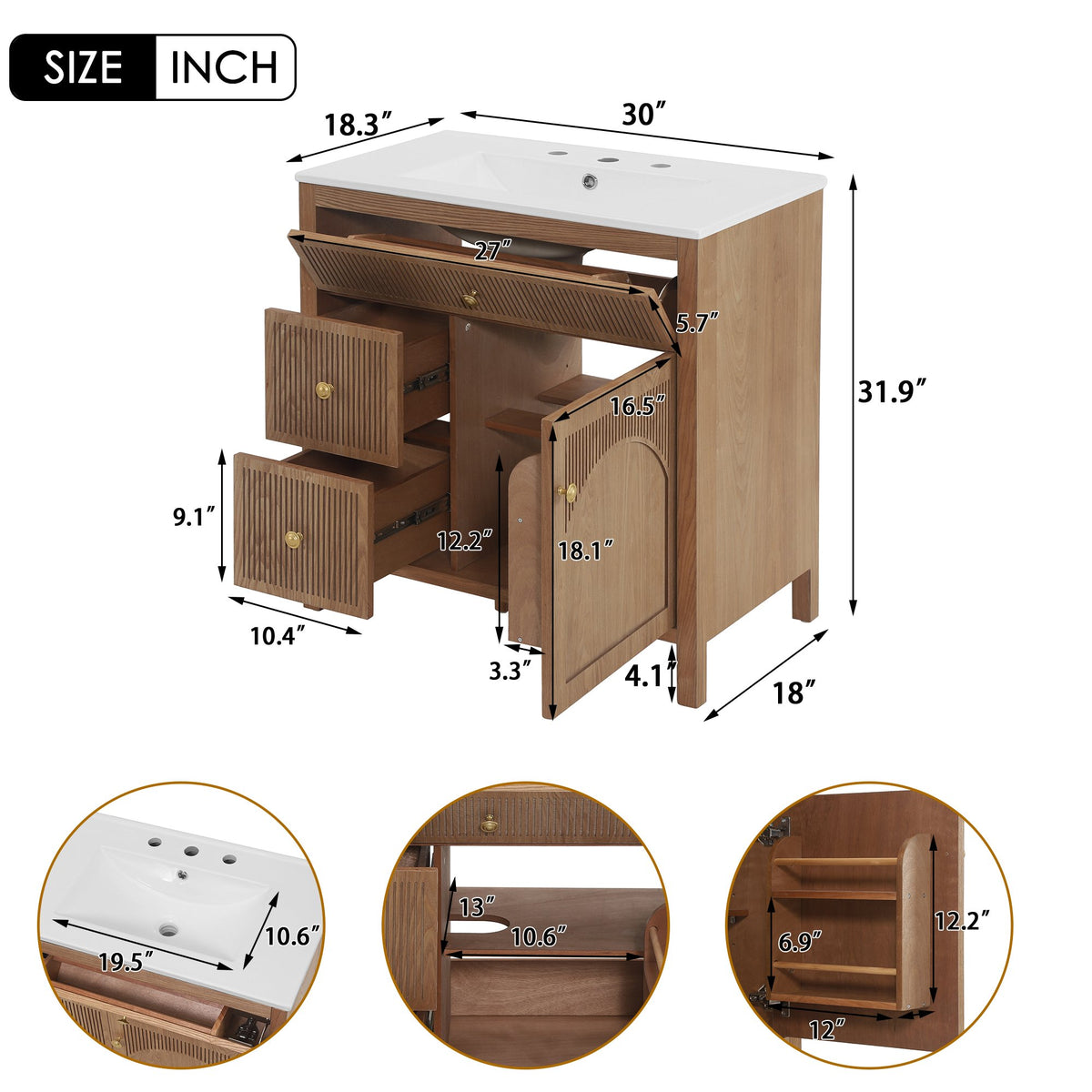 30 Inch Freestanding Farmhouse Bathroom Vanity with Integrated White Ceramic Sink Top, Smooth Finish Natural Acacia Wood Veneer Herringbone Chevron Cabinet, Soft Close Doors & Full Extension Drawer, B