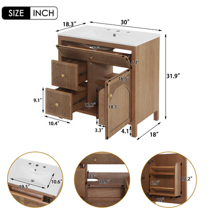 30 Inch Freestanding Farmhouse Bathroom Vanity with Integrated White Ceramic Sink Top, Smooth Finish Natural Acacia Wood Veneer Herringbone Chevron Cabinet, Soft Close Doors & Full Extension Drawer, B