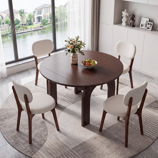 51.2" Solid Wood Extendable Dining Table Set with 4 Upholstered Chairs, 5 Piece Farmhouse Dinner Set with Walnut Finish & Arch Legs, Drop Leaf Converts Oval to Round for Small Spaces, Easy Assembly