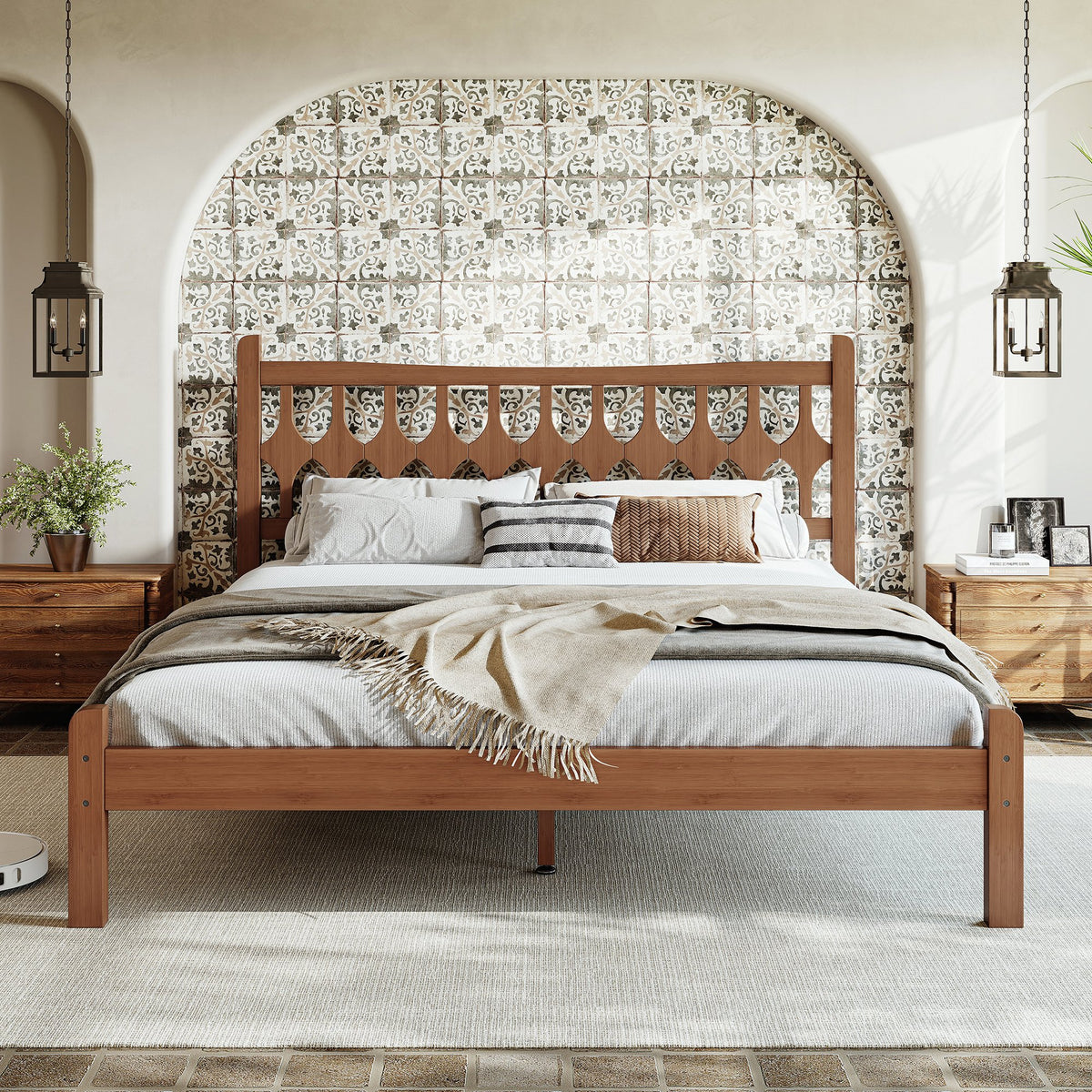 Queen Size Bamboo Platform Bed with Diamond-shaped headboard, Solid Bamboo-made Bed Frame with Support Slats, for Bedroom, Guest Rooms, Brown