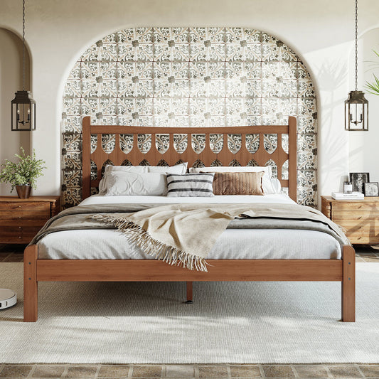 Queen Size Bamboo Platform Bed with Diamond-shaped headboard, Solid Bamboo-made Bed Frame with Support Slats, for Bedroom, Guest Rooms, Brown