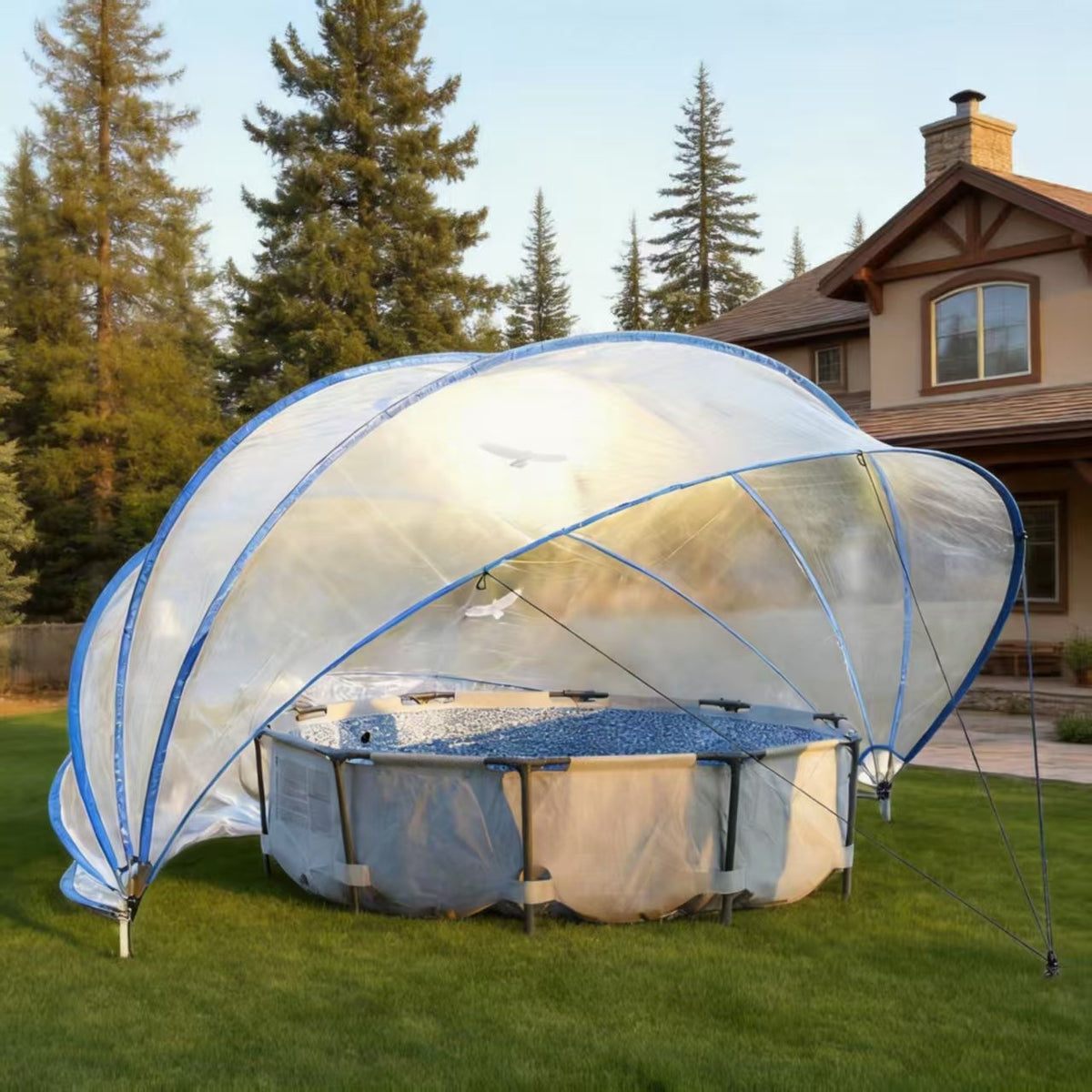 18ft Ground-Mounted Retractable Pool Cover, PVC Film Fiberglass Rod Pool Fence, Outdoor Pool Accessories, Suitable for 17.7FT and smaller Round Pools