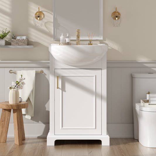 20-inch Bathroom Vanity with Ceramic Sink, Freestanding Single Vanity Set with Soft Closing Door, Bulged Ceramic Basin, French Style, White