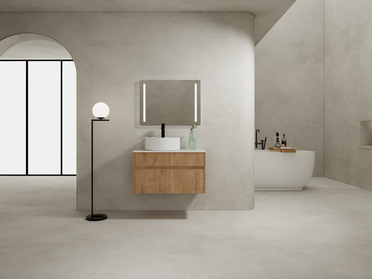 32(31-1/2") Inch Wall-Mounted Bathroom Vanity with Ceramic Art Sink and Countertop Flat Plate, 2-Soft Close Doors and 1-Drawer, KD-Packing, Plywood - BAB3098MOWH