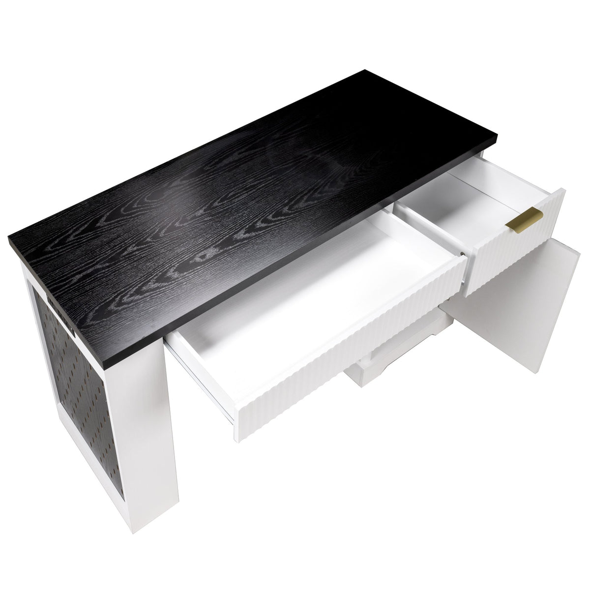 55" Modern Fluted Office Desk with Storage Cabinet & Drawers, Computer Writing Desk with Power Outlet, Pegboard
