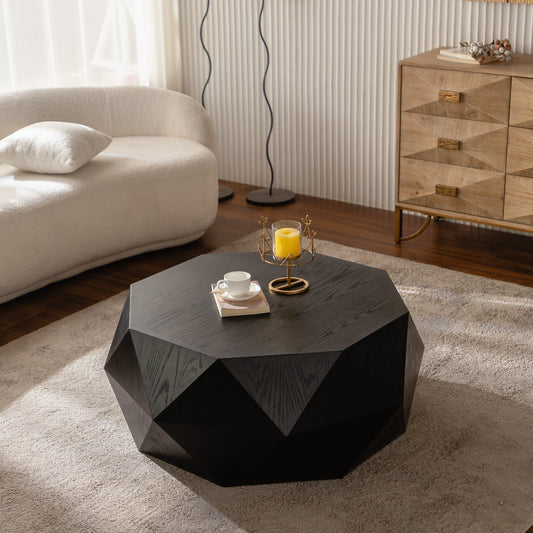 38"Three-dimensional Embossed Pattern Design American Retro Style Coffee Table,Black Tabletop