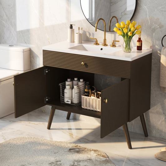 36inch Luxury Striped Bathroom Vanity, Soft-Close Dual-Door Storage & Premium Ceramic Sink, Dark Brown