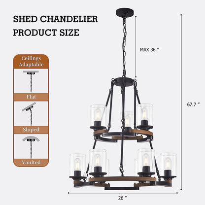 9-Light Vintage Wagon Wheel Chandelier, Rustic Farmhouse Black Wood Ceiling Light, Adjustable Height for Dining Room Living Room Entryway Kitchen