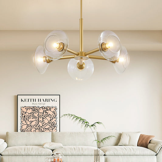 26" Modern Gold 5-Light Sputnik Chandelier with Clear Glass Shades, Mid-Century Hanging Pendant Light Fixture