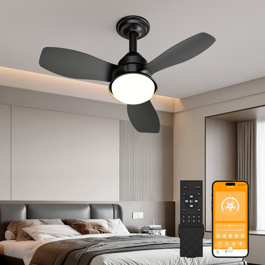 24.4" Black Ceiling Fan with Light, 3 Blades, 6-Speed Reversible Quiet DC Motor, Dimmable LED, APP & Remote Control, Flush Mount for Bedroom Living Room Covered Patio