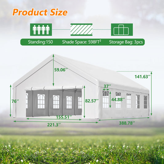 20x32 FT Party Tent with 3 Storage Bags & Removable Sidewalls, Outdoor Canopy Gazebo for Carport Camping Garden Wedding BBQ Commercial