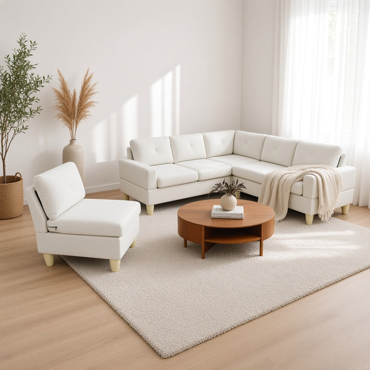 95.5 x 75 Inches Width Beige Modular L-Shaped Sectional Sofa 6-Seater 4-Piece Massa Flannel Fabric Couch with Chaise