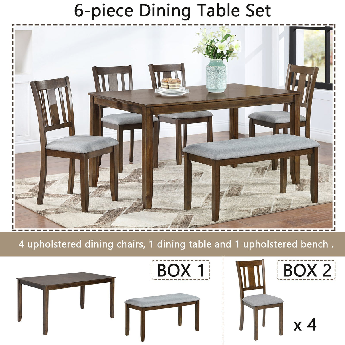 6PCs Kitchen Dining Set, Rectangular Wooden Dining Table with 4 Upholstered Chairs and a Bench, Dining Table Set for 6 People, Walnut