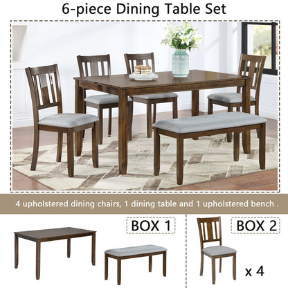 6PCs Kitchen Dining Set, Rectangular Wooden Dining Table with 4 Upholstered Chairs and a Bench, Dining Table Set for 6 People, Walnut