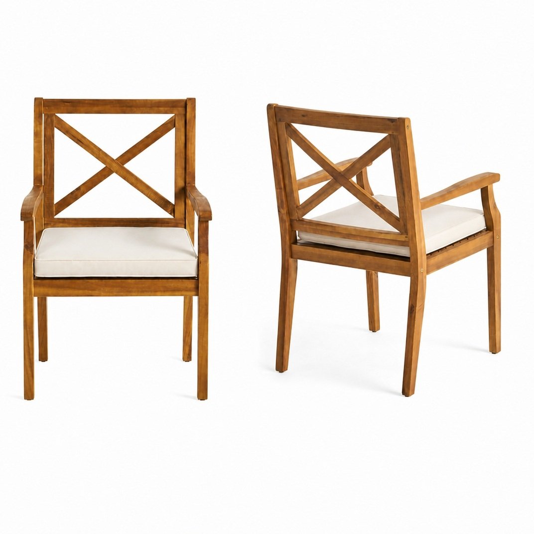 9‑Piece Acacia Wood Outdoor Patio Dining Set, 64" Square Teak Finish Wooden Table with X‑Back Arm Chairs and Cream Cushions, Patio Furniture for Backyard Garden Deck