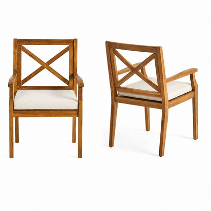 9‑Piece Acacia Wood Outdoor Patio Dining Set, 64" Square Teak Finish Wooden Table with X‑Back Arm Chairs and Cream Cushions, Patio Furniture for Backyard Garden Deck