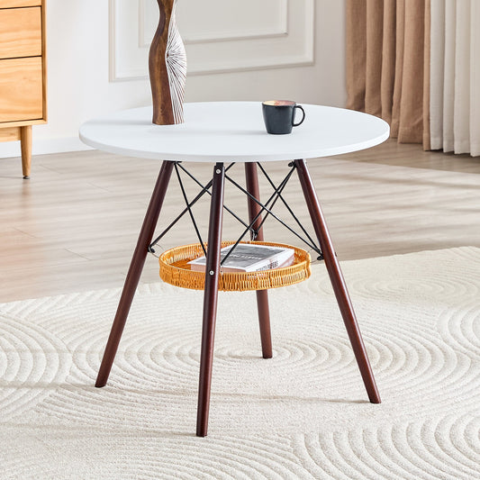 31.5-inch diameter circular dining table, white MDF vacuum formed tabletop, walnut solid wood legs
