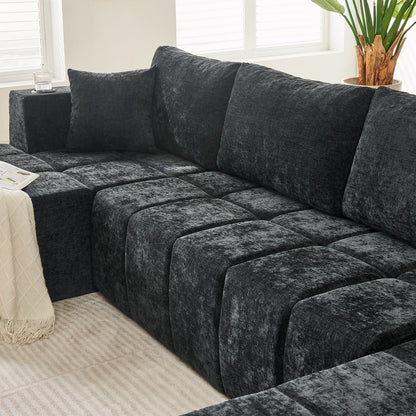 132" U-Shaped Chenille Sectional Sofa, Cloud Style Boneless Sofa with Lounges, Modern Upholstered Couch with Cup Holders & Side Pockets, Compression Sofa for Living Room, No Assembly Required,Black