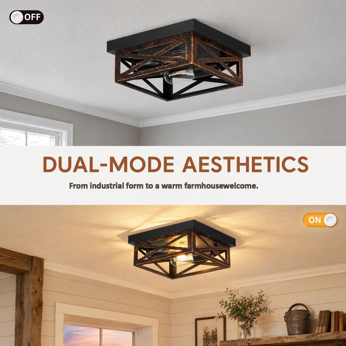 2 Pack 2-Light Matte Bronze Farmhouse Square Flush Mount Ceiling Light, Vintage Hollow Geometric Iron Cage Ceiling Lamp, Industrial Close to Ceiling Lighting for Dining Room(No light bulb)