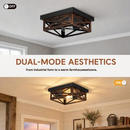2 Pack 2-Light Matte Bronze Farmhouse Square Flush Mount Ceiling Light, Vintage Hollow Geometric Iron Cage Ceiling Lamp, Industrial Close to Ceiling Lighting for Dining Room(No light bulb)