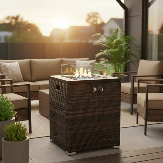 22" Propane Gas Fire Pit Table, 40000 BTU Square Steel Fire Pit with Beautiful Wicker Base for Outside Patio Deck Garden Backyard-Black