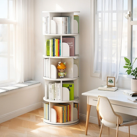5 Tier Rotating Bookshelf, 360° Display Round Spinning Bookshelf, Space-Saving, Small Space Rotating Bookshelf Tower, Warm White