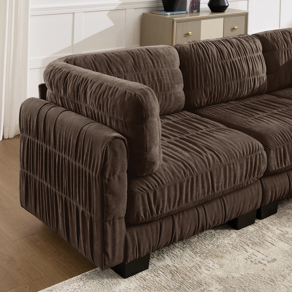 4 Seat Ruched Detailing Chenille Modular Sectional Sofa,Movable Ottoman,High-Density Foam,L Shape Thickened  Back Cushions,Easy Assembly,For Living Room,Bedroom,Brown