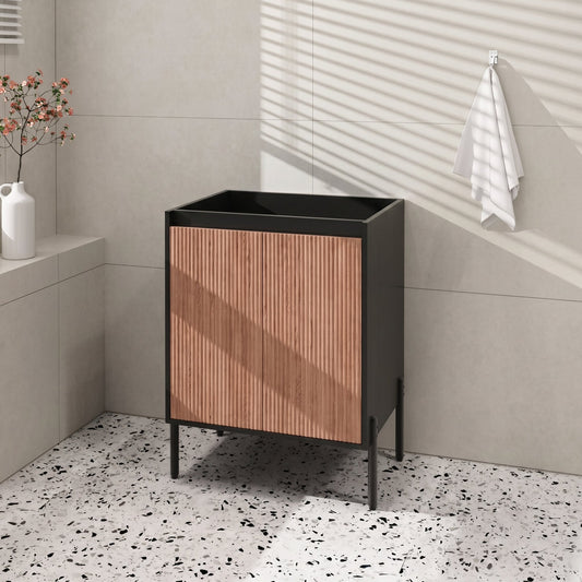 24 Inch Modern Bathroom Vanity Base Cabinet Only, Freestanding or Wall-Mounted with Soft Close Double Doors & Adjustable Shelf, Aluminum Legs (23.4" W x 17.9" D, Walnut & Black, No Sink)