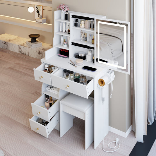 29.2" Small Size Left Drawer Desktop Vanity Table + Cushioned Stool, 2 AC+2 USB Power Station, Hair dryer bracket