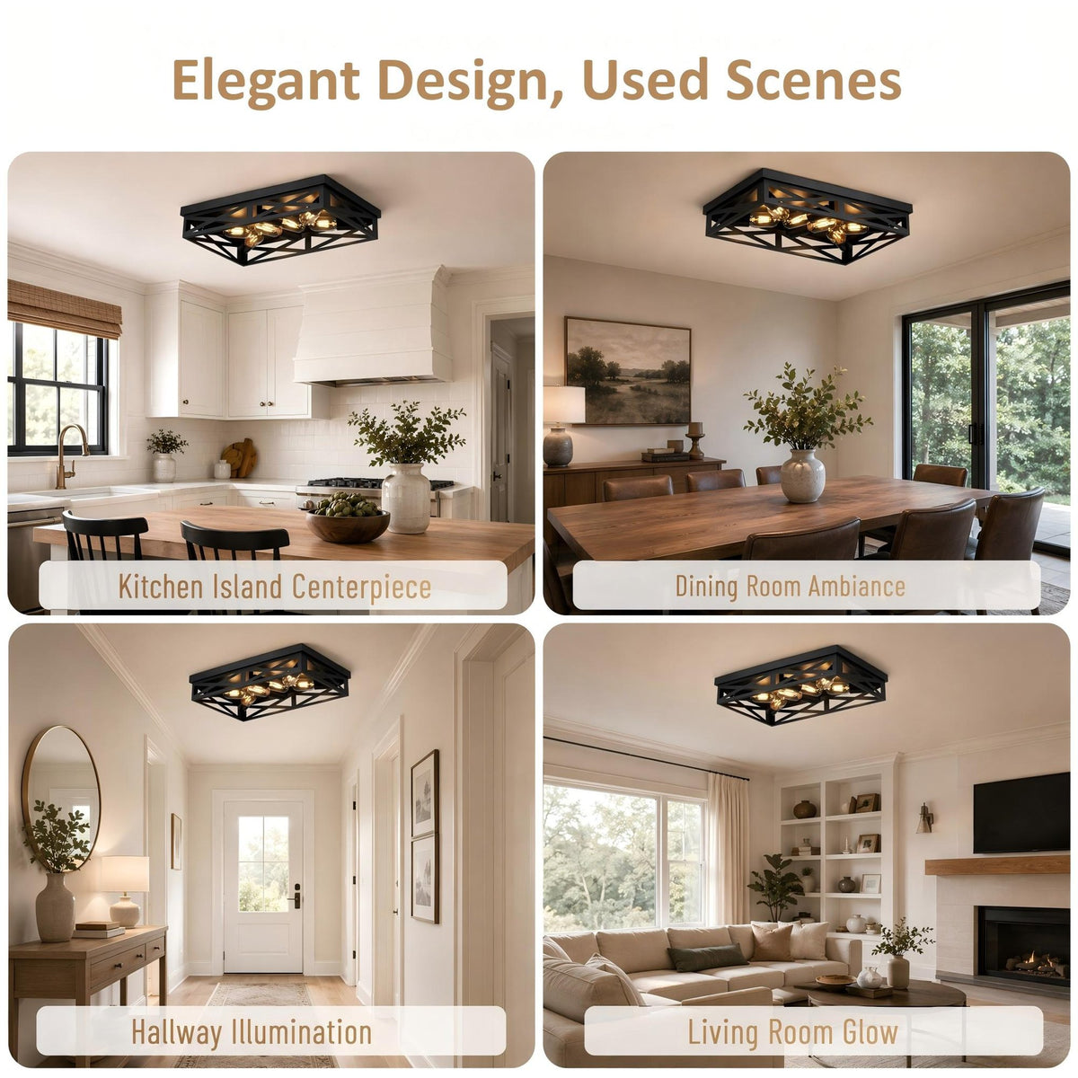 6-Light Matte Black Farmhouse Square Flush Mount Ceiling Light, Vintage Hollow Geometric Iron Cage Ceiling Lamp, Industrial Close to Ceiling Lighting for Dining Room, Bedroom-1 Pack(No light bulb)