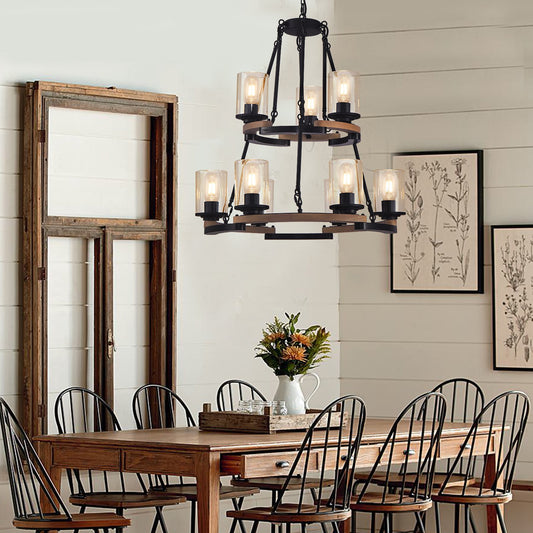 9-Light Vintage Wagon Wheel Chandelier, Rustic Farmhouse Black Wood Ceiling Light, Adjustable Height for Dining Room Living Room Entryway Kitchen