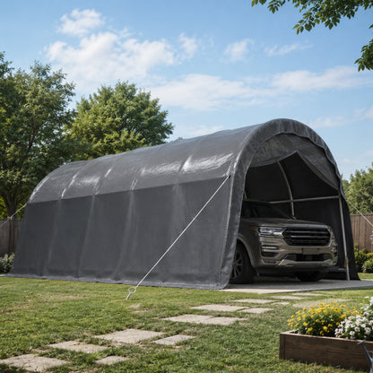 13x20 FT Arched Carport, Heavy Duty Outdoor Garage with Galvanized Steel Frame & 180G PE Tarp, Waterproof & UV Resistant – For Car, SUV, Truck, Boat, Party, Storage