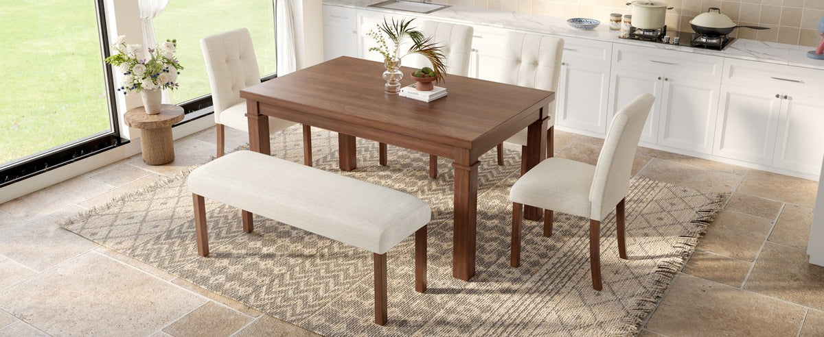 6-Piece Modern Dining Set, Rectangle Kitchen Table with 4 Upholstered Chairs & Bench, Ideal, (Easy Assembly, Space Saving)