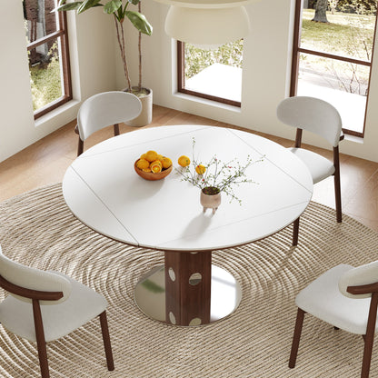 47.2' Extendable Multifunctional Round Dining Table for 4-6, Folding Kitchen Table with Drop Leaf, White Sintered Stone Top & Walnut Wood Column, Space-Saving for Small Apartments, Easy Assembly