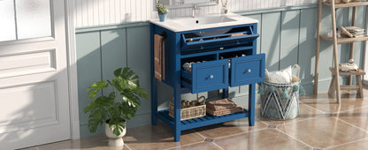 30" Navy Blue Bathroom Vanity with Ceramic Sink – Freestanding Storage Cabinet with Tip-Out Drawer, 2 Drawers & Open Slatted Shelf, Reversible Side Towel Rack, Silver Handles, MDF