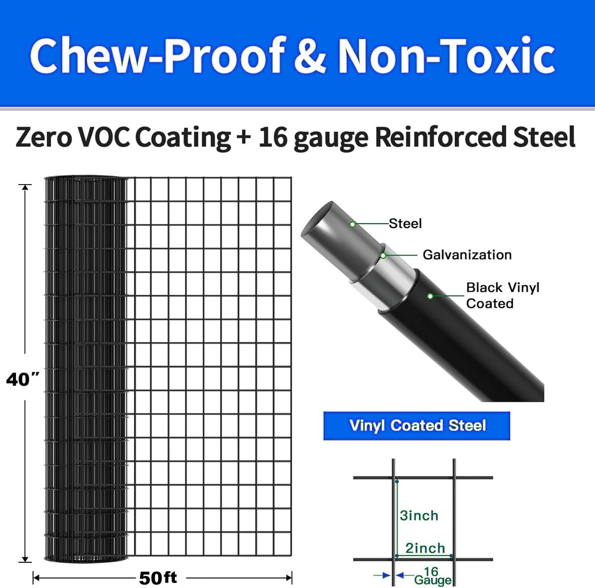 40 INCH × 50 FT black vinyl-coated metal mesh, 16 gauge 2/3 inch black PVC metal mesh, black welded wire mesh support, poultry cage protective fence