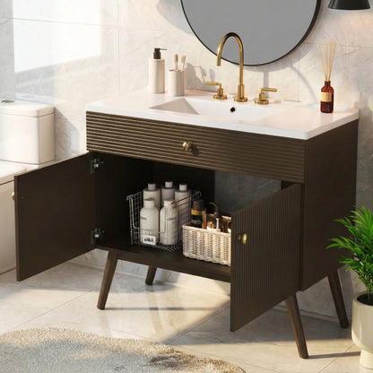 36inch Luxury Striped Bathroom Vanity, Soft-Close Dual-Door Storage & Premium Ceramic Sink, Dark Brown