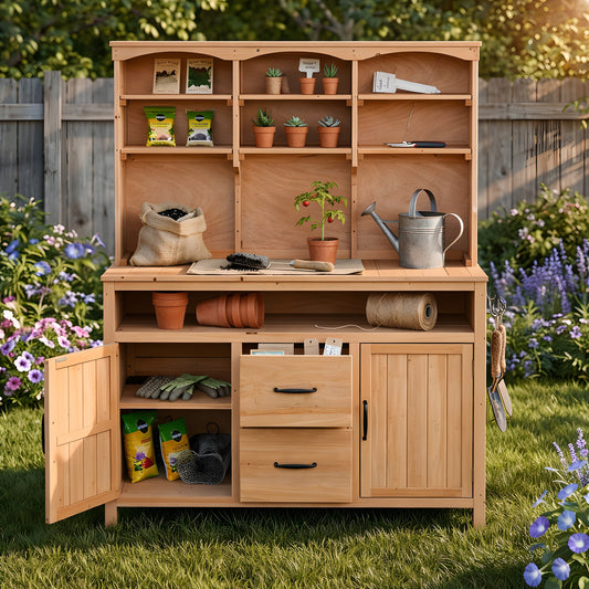 (With Assembly Video)TOPMAX Large Fir Wood Potting Bench, 45.3''L Multi-Functional Outdoor Patio Kitchen Island with Hutch, Cabinets
