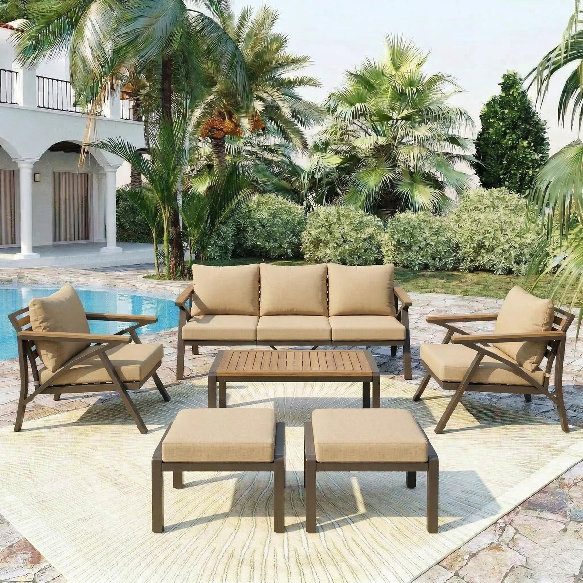 6-Piece Outdoor Patio Furniture Set, Steel Frame Sofa Set with 3-Seat Couch, 2 Armchairs, 2 Ottomans & Acacia Wood Coffee Table, Cushioned Seating for Backyard, Garden, Poolside, Brown Cushion