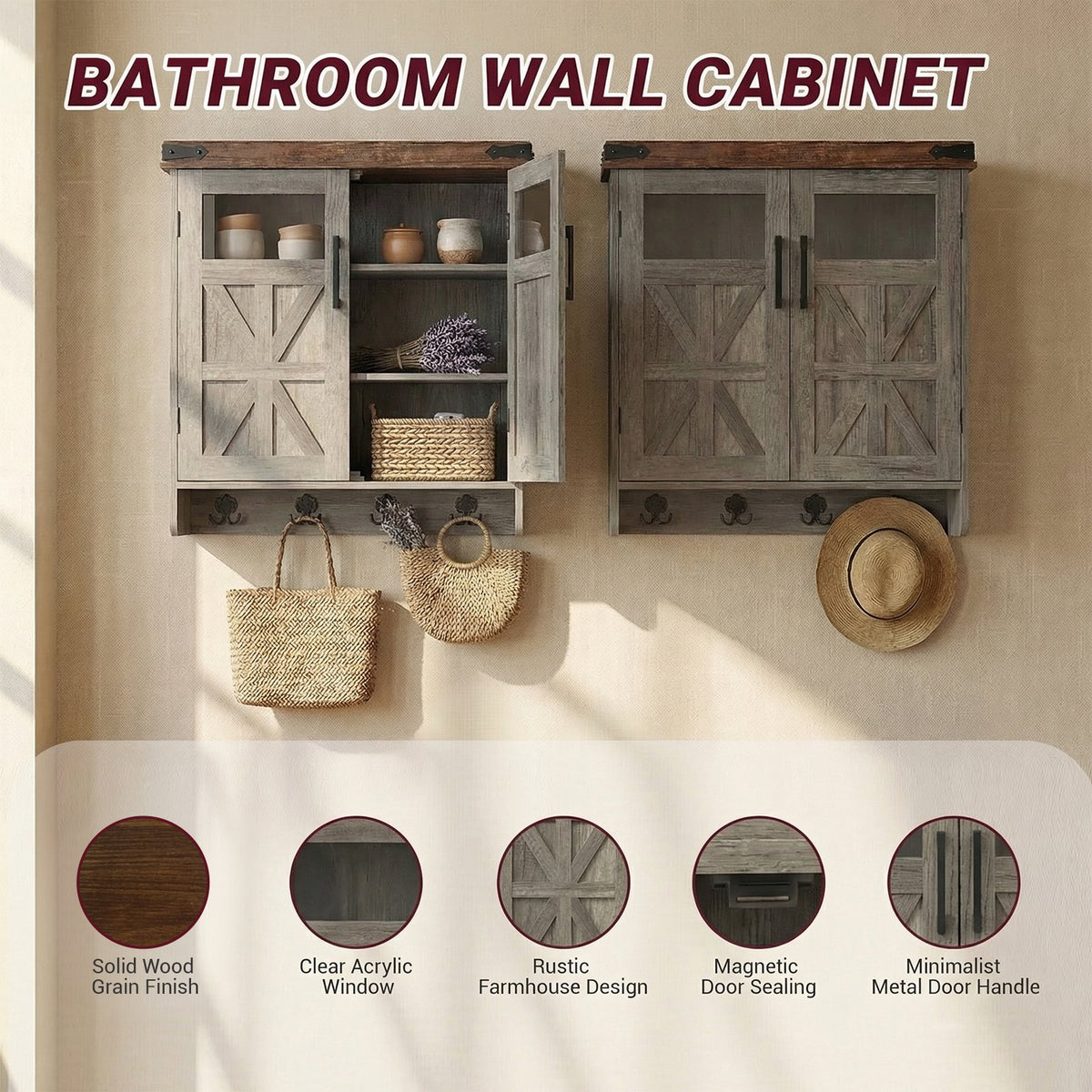 Bathroom Wall Cabinet Wall, Over Toilet Storage Cabinet, Bathroom Medicine Cabinet with Adjustable Shelves & Hook, Farmhouse Bathroom Storage for Small Bathrooms, Kitchen, Laundry