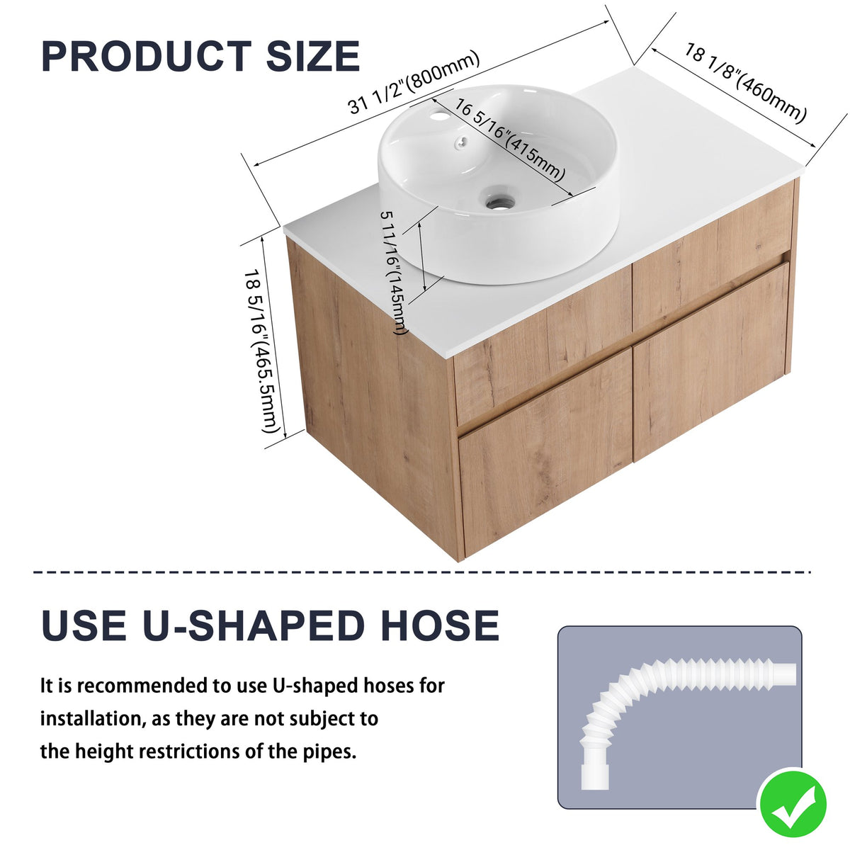 32(31-1/2") Inch Wall-Mounted Bathroom Vanity with Ceramic Art Sink and Countertop Flat Plate, 2-Soft Close Doors and 1-Drawer, KD-Packing, Plywood - BAB3098MOWH