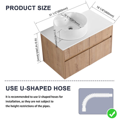 32(31-1/2") Inch Wall-Mounted Bathroom Vanity with Ceramic Art Sink and Countertop Flat Plate, 2-Soft Close Doors and 1-Drawer, KD-Packing, Plywood - BAB3098MOWH