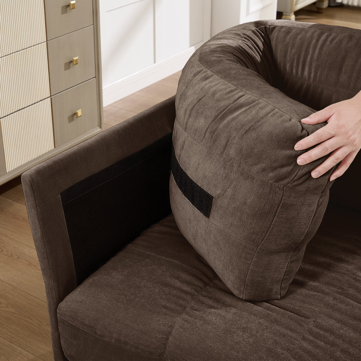 4 Seat Ruched Detailing Chenille Modular Sectional Sofa,Movable Ottoman,High-Density Foam,L Shape Thickened  Back Cushions,Easy Assembly,For Living Room,Bedroom,Brown