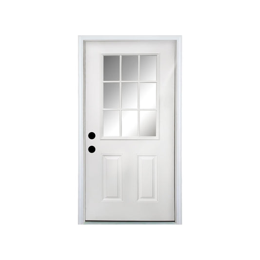36 x 80 Fiberglass Entry Door with Brickmould, Vinyl Frame, 9 Lite Low-E Glass - Primed Front Door for Home's Front Entrance